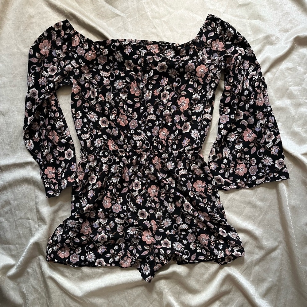Mm mm mm Black and Pink Floral Off-Shoulder Romper
